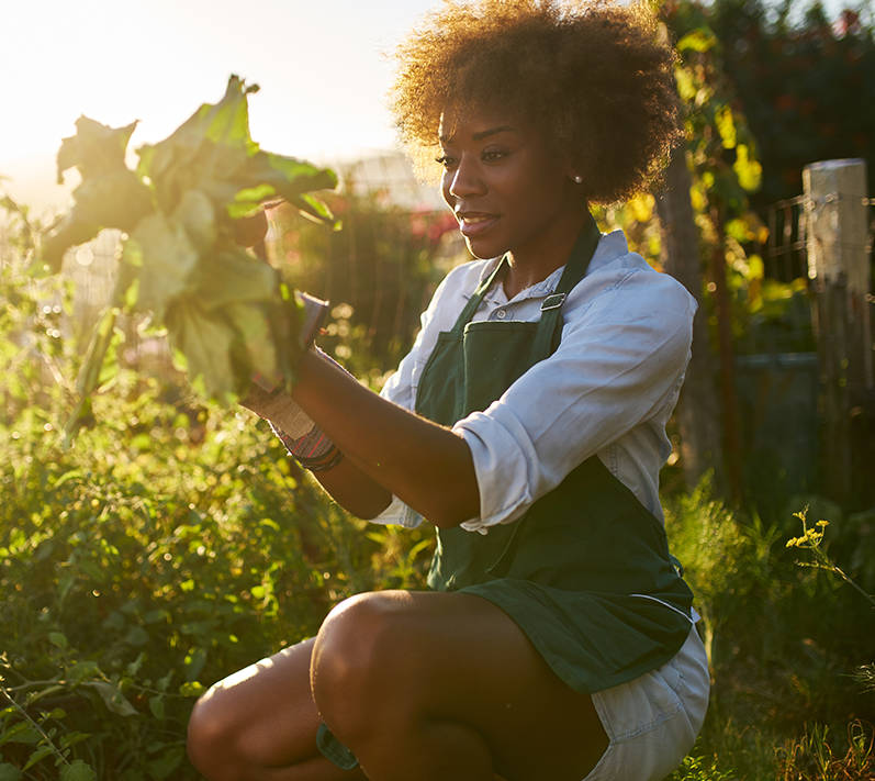 smiling woman holding plant